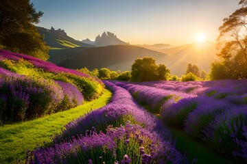 Fototapeta na wymiar lavender field at sunrise generated ai