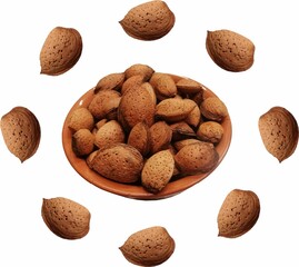 Mandorle con guscio in ciotola circondate da mandorle singole. Elemento di grafica ricette frutta secca olio di mandorla. Disposizione centrata in primo piano