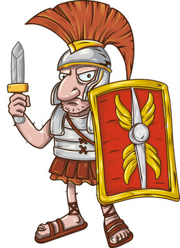 Cartoon roman centurion with sword and shield. vector illustration