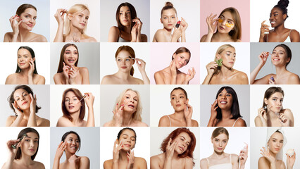 Collage. Beautiful, pretty women of different age and nationality taking care after skin with cosmetics. Concept of skincare, natural beauty, plastic surgery, cosmetology, cosmetics, ad