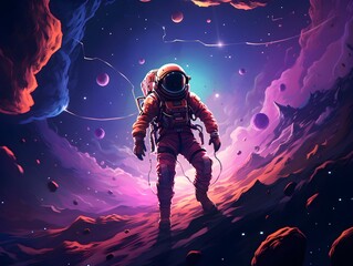 Fototapeta premium Astronaut is flying through space colorful illustration created with Generative AI technology