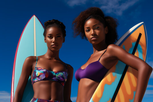 Two African American women at the beach with their surfboards. Generative AI.