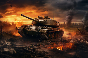 Tank on the battlefield. Veterans Day. World War background