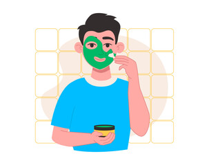 Skin care. Man applies a cosmetic mask on her face with a brush. Vector graphic.