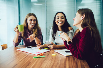 Cheerful diverse women discussing project in office while sitting at table