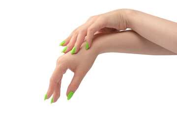 Hand of a woman with green naols hold some tiny or thin object.