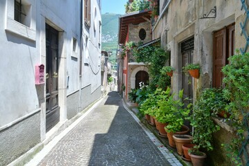 Characteristic quaint street of the medieval village of Abruzzo in Civitella Roveto, Italy