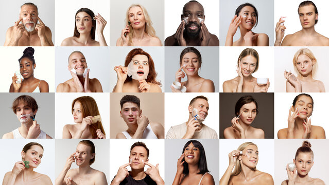 Collage. Men and women of different age and nationality taking care after skin condition with cosmetics. Concept of skincare, natural beauty, plastic surgery, cosmetology, cosmetics, ad