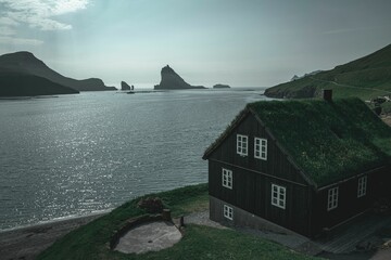 Scenic view of the villages of Boer and Dranganir on the Faroe Islands