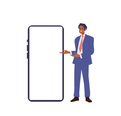 Young happy businessman character pointing at big smartphone with white empty blank screen