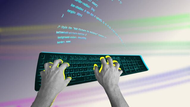 2d animation of hands typing on a computer keyboard programming coding software language to create a web site in code. Working trendy background