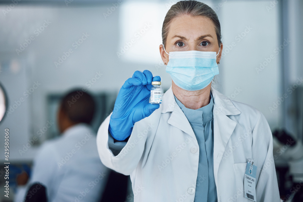 Sticker Portrait of woman doctor with face mask and vaccine bottle in hand at hospital laboratory for covid research. Healthcare, medicine and medical professional with sample for corona vaccination in lab.