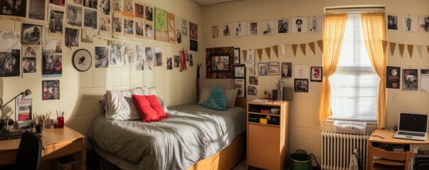 Background image of teenagers room with lights and pictures on wall, copy space