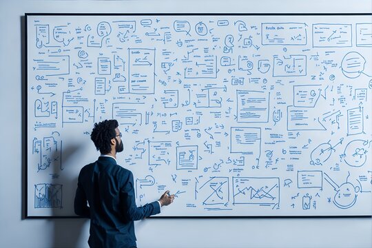 A person standing in front of a whiteboard, filled with ideas and plans for increased productivity