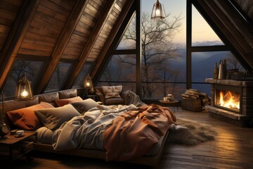 Obraz premium A cozy winter cabin bedroom with a fireplace, warm blankets, and snowy mountain views, evoking feelings of comfort and hygge during the colder months. Generative AI