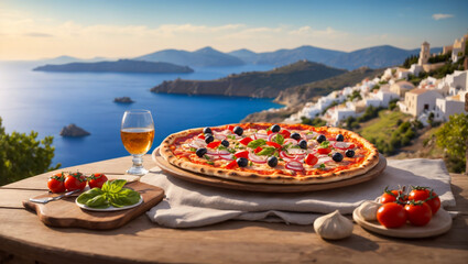 Naklejka premium A visually stunning photograph of a pizza placed on a table with view of a town, serene ocean, and majestic mountains in Greece.