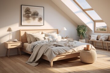 Fototapeta na wymiar A beautifully styled Scandinavian-inspired bedroom with neutral colors, natural textures, and soft lighting, creating a warm and inviting atmosphere. Generative AI