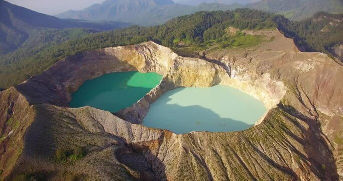Aerial view of Kelimutu crater lakes in Indonesia