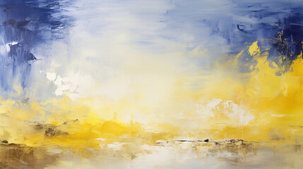 Abstract oil painting with large brush strokes in yellow, white, and blue colors. Wallpaper, background, texture.