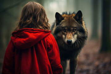 Back view of girl in red cloak with blurry wolk in forest background. Red riding hood fairytale
