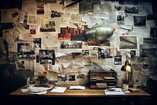 investigation paper cuting pasted on bord like a spy annalisis on wall or bord detective annalisis 