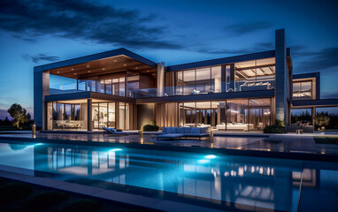 Obraz premium Modern and luxurious villa with swimming pool, just after sunset