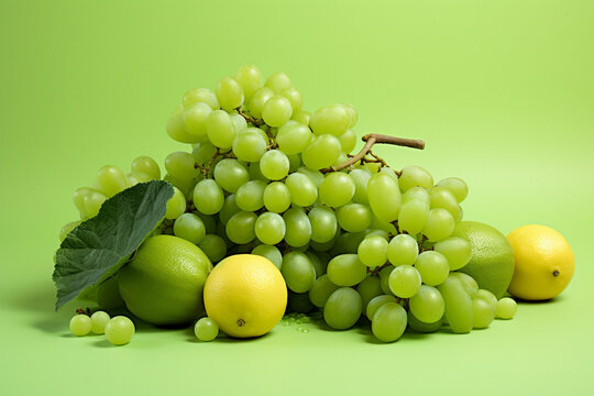 Grapes, lemon and limes on green background