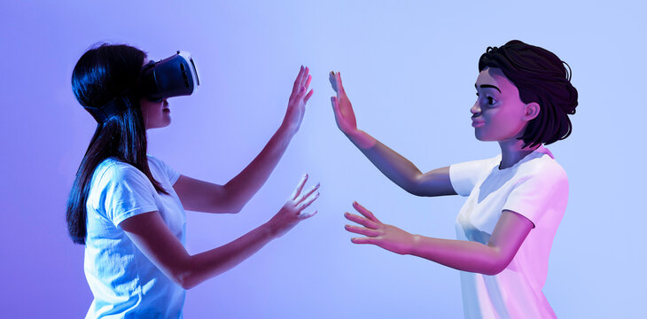Woman in VR headset interacting with 3D avatar, purple background