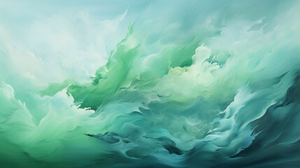 Abstract oil painting with large brush strokes in green, mint, turquoise, and white pastel colors. Wallpaper, background, texture.