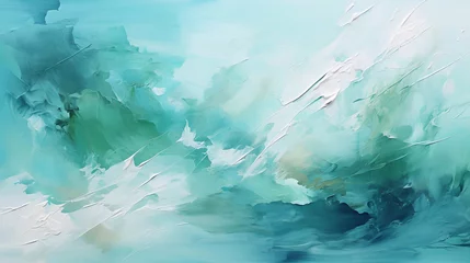 Fotobehang Abstract oil painting with large brush strokes in green, mint, turquoise, and white pastel colors. Wallpaper, background, texture. © Oksana Tryndiak