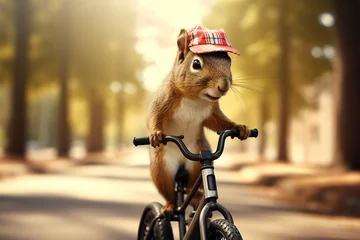 Schilderijen op glas Funny squirrel in a cap riding a bicycle. Generative AI © Slepitssskaya