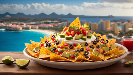 A visually stunning photograph of a Nachos placed on a table with view of a town, serene ocean, and majestic mountains in Cancun.