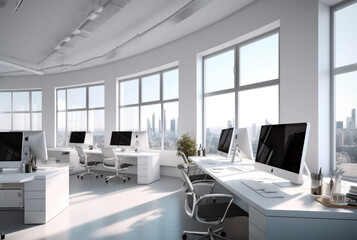 Office interior in the morning, cozy bright workplace with cityscape, background for business presentation, generative ai