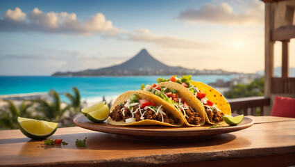 A visually stunning photograph of a Taco placed on a table with view of a town, serene ocean, and majestic mountains in Cancun.