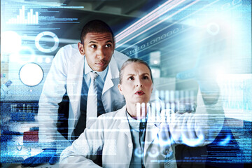 Medical science, man and woman in overlay of data hologram, information and brainstorming innovation. Scientist, future technology and dashboard on holographic info, study results or problem solving.
