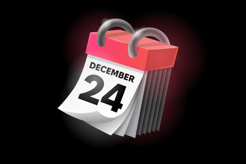 December 24 3d calendar icon with date isolated on black background. Can be used in isolation on any design.