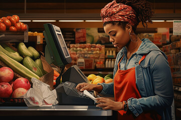 Black woman with purchases near the cash register at a grocery store. Generative AI - Powered by Adobe