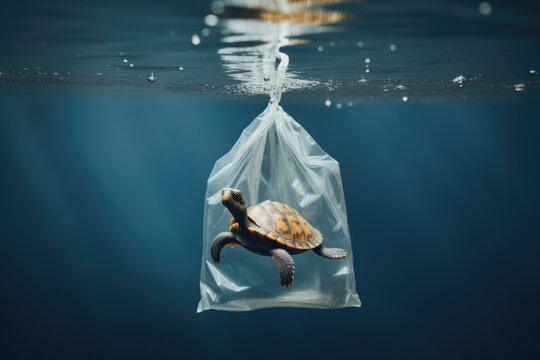 Turtle in plastic bag thrown into the sea, plastic pollution underwater in the ocean. World oceans day. Eco concept. Save green turtles. Design for poster with copy space