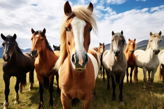 Herd of horses in nature. Generative AI