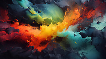 Abstract oil painting of paint splashes in black, turquoise, mint, green, yellow, orange, and red colors. Wallpaper, background, texture.