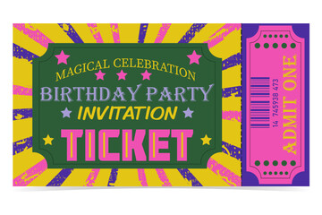 Birthday ticket with barcode. Birthday party invitation (magical celebration)
