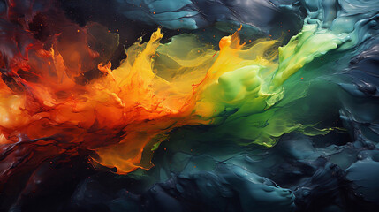 Abstract oil painting of paint splashes in black, turquoise, mint, green, yellow, orange, and red colors. Wallpaper, background, texture.