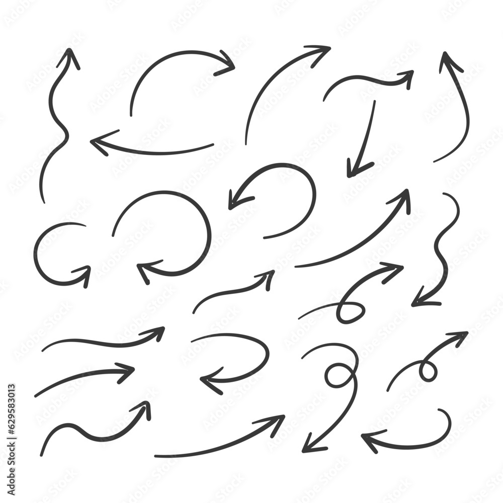 Poster Hand drawn arrows collection Set simple flat arrows isolated on white background. Arrow mark icons and arrow paint. Stock vector. EPS10.