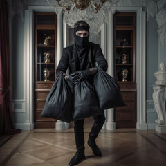 Skilful professional masked burglar.Thief in black clothes.Burglary.