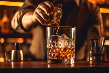 Barman pours whiskey in a glass at the bar. Selective focus - obrazy, fototapety, plakaty