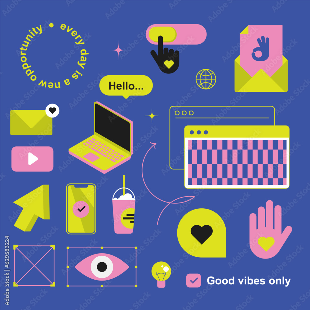 Poster set of objects for creative. trendy stickers y2k. flat design retro elements. funky typography. it a