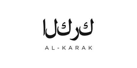 Al Karak in the Jordan emblem. The design features a geometric style, vector illustration with bold typography in a modern font. The graphic slogan lettering.