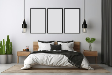Stylish bedroom interior design with three mock up poster frame. White wall. Bed, plants and creative home accessories. Home staging. Scandi desidn. Ready to use template with copy space