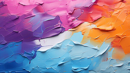 Abstract oil painting with large brush strokes in blue, cyan, white, purple, pink, orange, and red pastel colors. Wallpaper, background, texture.