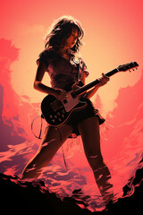 Silhouette of a 18 year old girl, Female rock singer, play a Electric Guitar and sing, front, vintage fashion, modern posters. AI generative